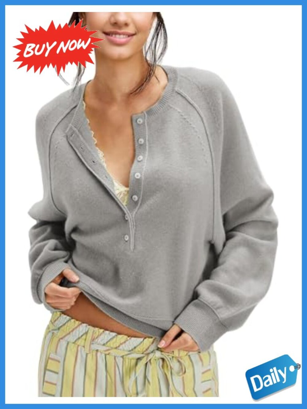 Half Button Henley Neck Pullover Sweater Ribbed Knit Long Sleeve